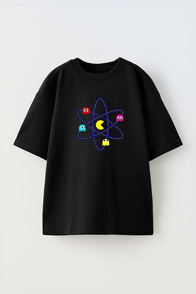 THEWERT Pac Man Design - Tricou unisex negru oversize din bumbac