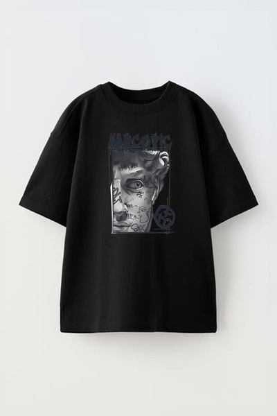THEWERT Unisex Narcotic Štampano Crna Pamuk Oversize kroj T-shirt