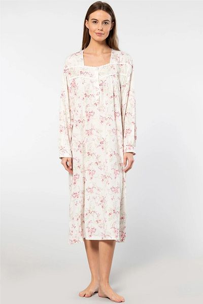TÜREN Battal Size Floral Patterned Long Sleeve Viscose Women's Nightgown
