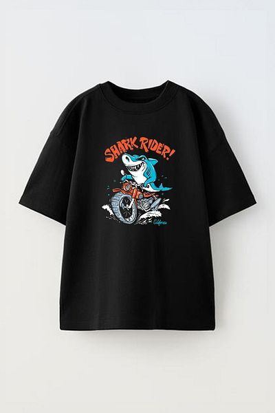 THEWERT Tricou oversize din bumbac negru cu model Shark Rider - Engine Shark
