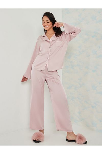 Styli Solid Piped Button Through Shirt & Pyjama Set