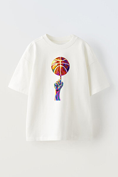THEWERT تي شيرت قطني أبيض كبير الحجم - للجنسين، مطبوع عليه كرة سلة ملونة