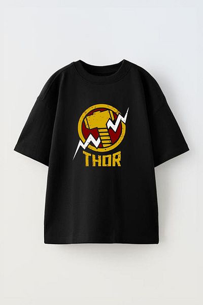 THEWERT Thor Zeus Design Printed - Tricou oversize unisex din bumbac negru
