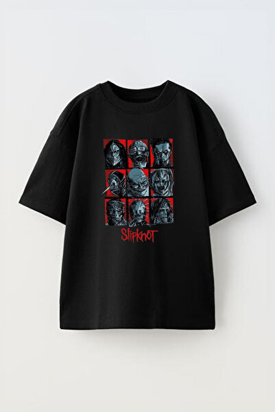 THEWERT Tricou unisex oversize negru din bumbac imprimat Slipknot Faces