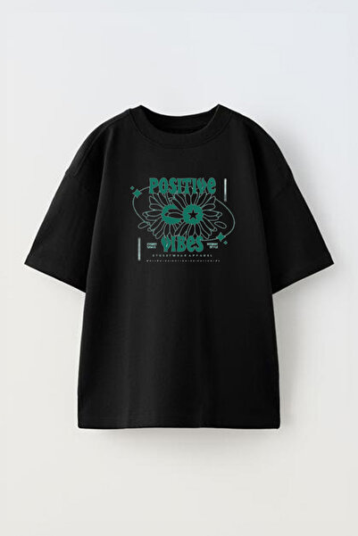 THEWERT Pozitivne vibracije Štampano Unisex crna Pamuk Oversize kroj T-shirt
