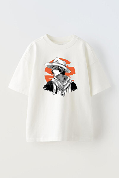 THEWERT Tricou unisex supradimensionat alb Portgas One Piece - Design imprima...