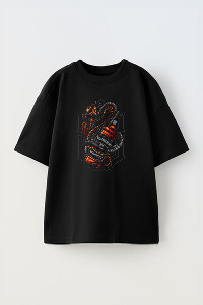 THEWERT Viski Zmija Štampano Unisex Crna Oversize kroj Pamuk T-shirt