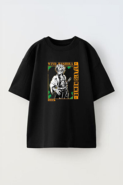 THEWERT Tricou negru oversize din bumbac unisex cu imprimeu Demon Slayer Wind...