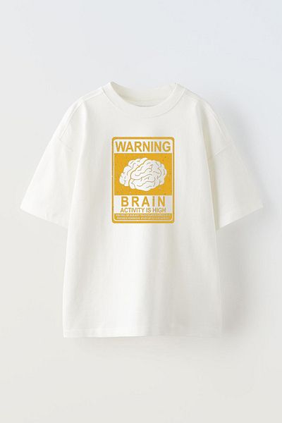 THEWERT Λευκό Oversize βαμβακερό μπλουζάκι - Unisex, Warning Brain Design Printed