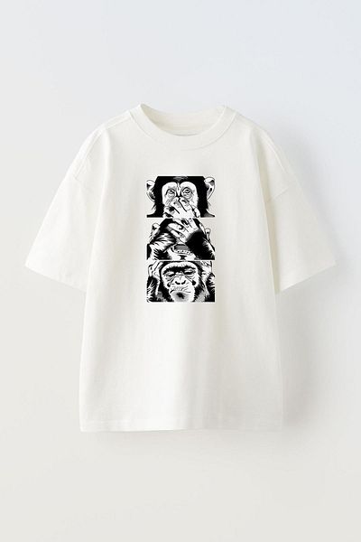 THEWERT Λευκό μπλουζάκι Unisex Oversize - Σχέδιο Σχέδιο Τριών Μαϊμού, Βαμβακερό