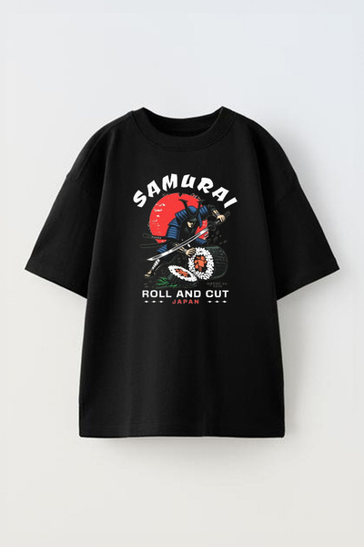 THEWERT Samuraj seče suši Štampano unisex crna Oversize kroj Pamuk T-shirt
