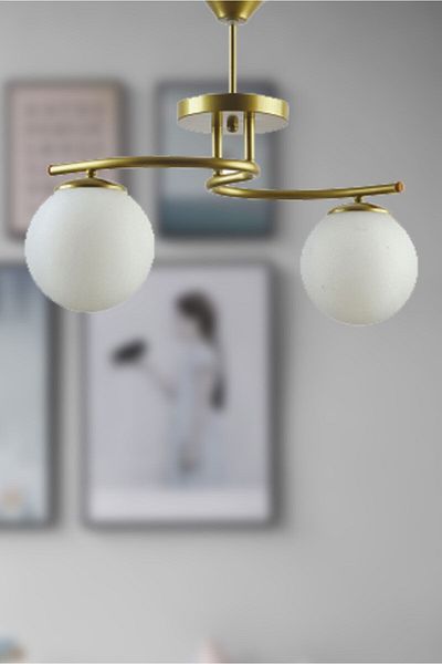 Fer Avize Linda Modern Antique Color Closed Globe White Glass Living Room - Kitchen - Bedroom 2-Piece Chandelier