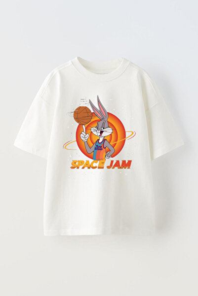 THEWERT Tricou alb oversize din bumbac unisex cu model Space Jam Bugs Bunny