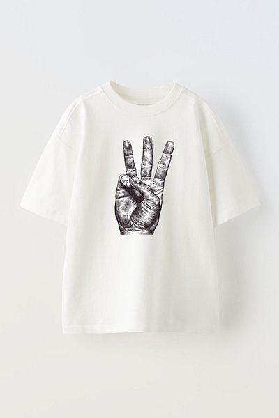 THEWERT Λευκό μπλουζάκι Unisex Oversize - 3 Finger Drawing Printed, Βαμβακερό