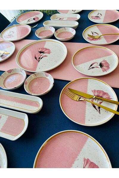 VENÜS HOME DECORATION Pink Poppy Model 12-Person 21 Piece Breakfast Set