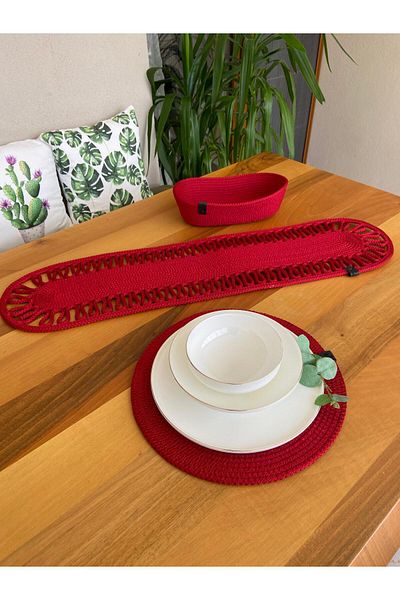 Nev Design 6 Pieces Red Plate - American Serving Runner and Bread Basket Set