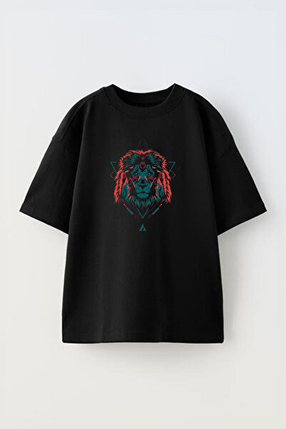 THEWERT Lion King Design - Tricou oversize unisex din bumbac negru
