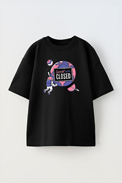 THEWERT Unisex Pamuk Crna Oversize kroj T-shirt - Dizajn 'Izvini, zatvoreni s...