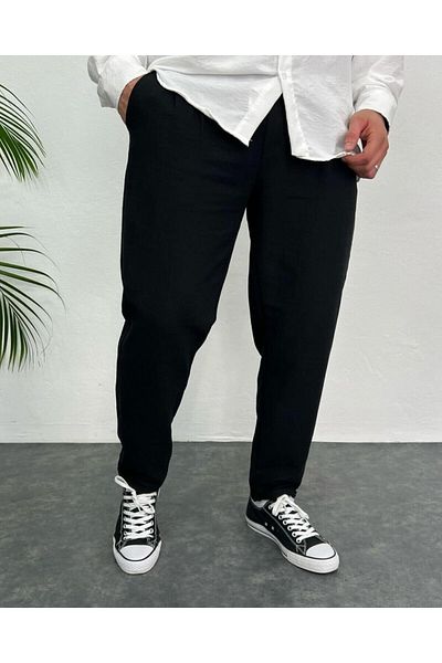 Oliggopol Ανδρικό μαύρο λινό παντελόνι Boyfriend Relaxed Cut Double Leg Jogger