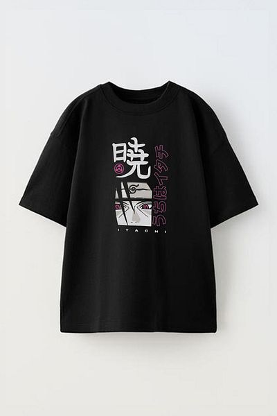 THEWERT Tricou oversize negru din bumbac cu model Naruto İtachi Uchiha
