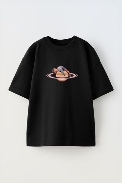 THEWERT Ponovo proživite Saturn Štampano Unisex crna Pamuk Oversize kroj T-shirt