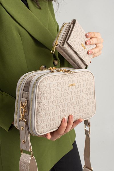 Just Polo حقيبة نسائية بلون حجري - 5 أقسام، حزام طويل، حقيبة كروس، حقيبة كتف ومحفظة MDS3520-02
