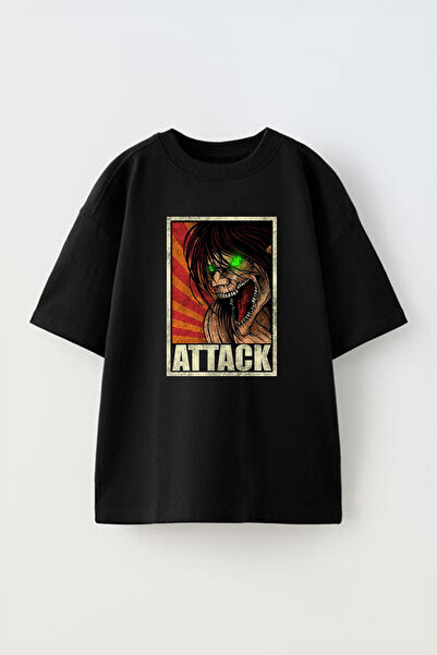 THEWERT Attack On Titan Unisex Oversize kroj Pamuk T-shirt - Crni dizajn Štam...