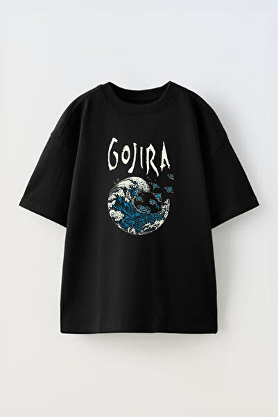 THEWERT Tricou oversize negru din bumbac imprimat cu design Gojira, unisex
