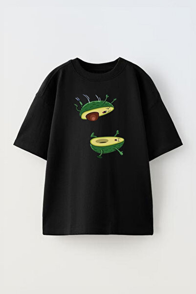 THEWERT Tricou unisex negru oversize din bumbac cu imprimeu Avocado Design