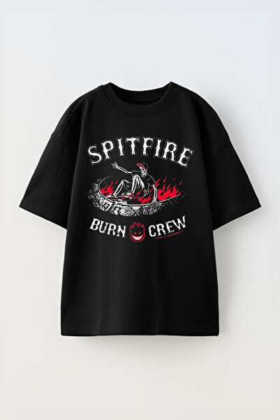 THEWERT Spifire Burn Crew Patterned - Unisex Μαύρο βαμβακερό μπλουζάκι Oversize