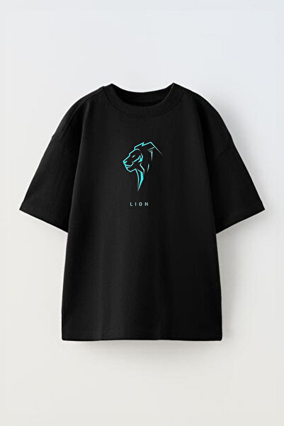 THEWERT Unisex crna Pamuk Oversize kroj T-shirt - Lion Blue Logo Štampano