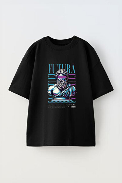 THEWERT Crna Pamuk Oversize kroj T-shirt - Unisex Futura Design Štampano