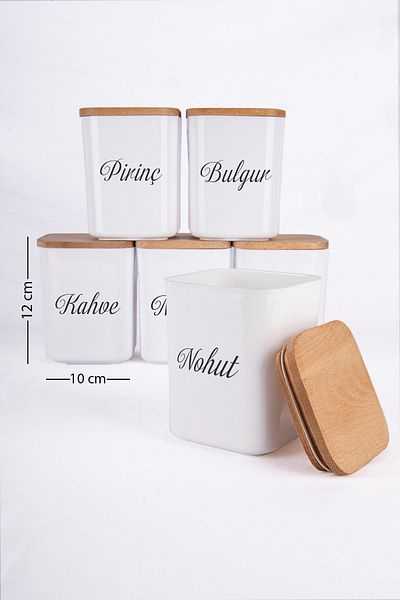 Lizzy 900 Ml Spice Rack Acrylic Food Storage Container - 6-Piece Porcelain Look, Square Wooden Vacuum Lid