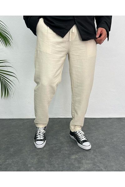 Oliggopol Ανδρικό κρεμ Boyfriend Παντελόνι από λινό Relaxed Cut Double Leg Jogger