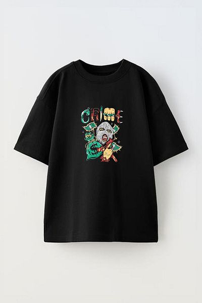 THEWERT Unisex Μαύρο Oversize βαμβακερό μπλουζάκι - Crime Design Printed