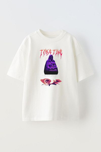 THEWERT Take Time Printed Unisex Λευκό Oversize βαμβακερό μπλουζάκι