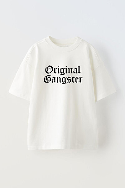 THEWERT Tricou oversize alb din bumbac imprimat cu design original Gangster, ...