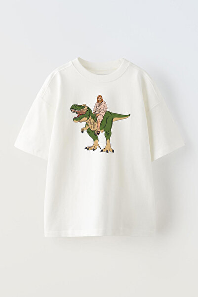 THEWERT Čovek koji jaše dinosaura Štampano Beli Pamuk Oversize kroj Unisex T-...