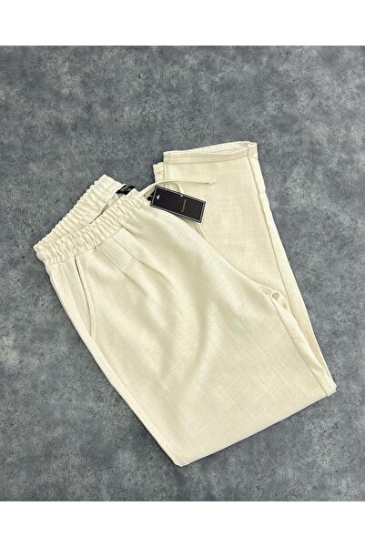 Oliggopol Ανδρικό κρεμ Boyfriend Παντελόνι από λινό Relaxed Cut Double Leg Jogger