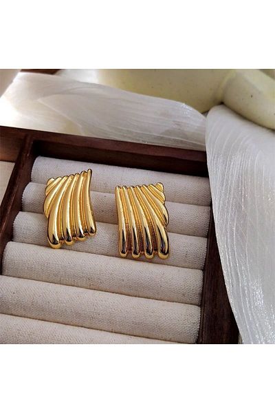 Rachel Vintage Thick Metal Earrings - Gold Serrated, 3.5 cm