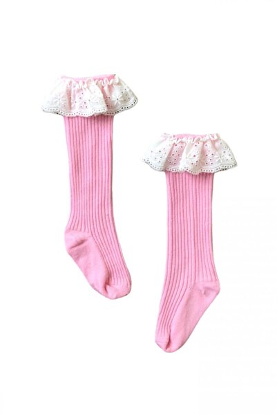 lalinkids Kız Bebek Çocuk Dizaltı Pembe Dantelli Çorap