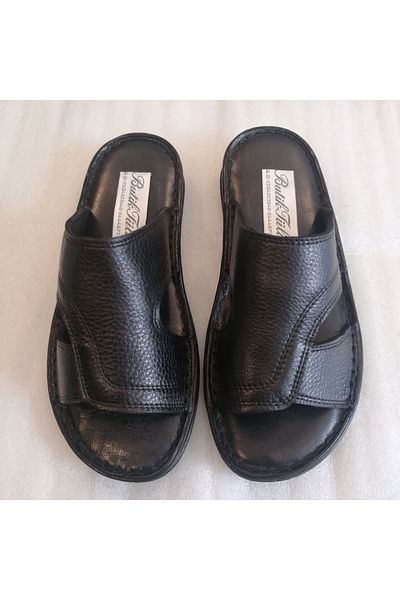 Butik Tülin Black Unisex Genuine Calf Leather - Wide Band, Soft Stitching, Polyurethane Non-Slip Sole Slippers