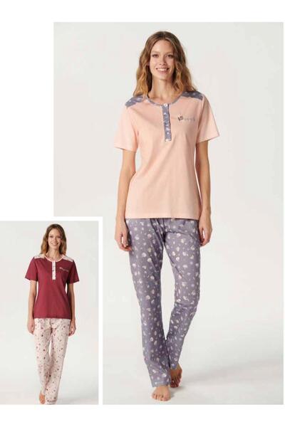 İpek Women's Short Sleeve Pajama Set-Burgundy