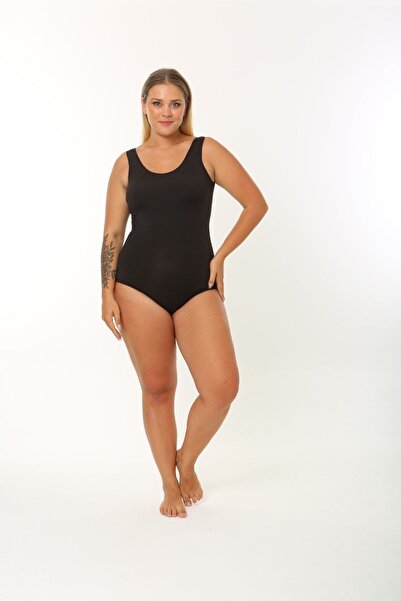 Swana Plus Size Wide Strap Black Compact Women's Swimsuit