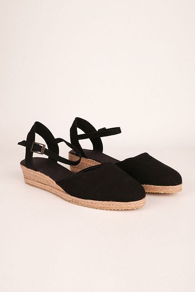 Star Tombis Black Linen Straw - 3cm Wedge Handmade Espadrille Heel with Ankle Strap
