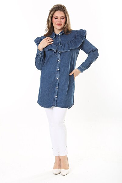 Şans Women's Large Size Navy Blue Flywheel Detailed Front Buttoned Denim Tunic 65N37891