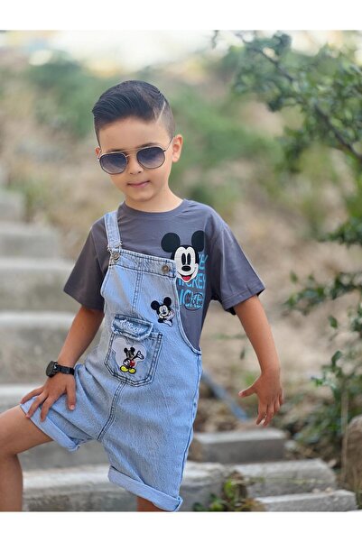 yns coolstar Unisex Micky Embroidered Summer Salopet - Cotton Denim Shorts and Overalls Set