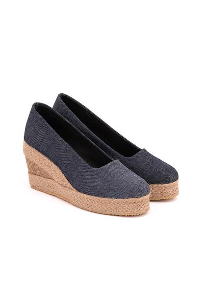 Star Tombis Denim Blue Platform Linen Wedge Heel - Real Handmade