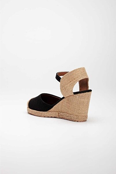 Star Tombis Black Linen Handmade Espadrille - Open Back Wedge Heel with Straw Toe