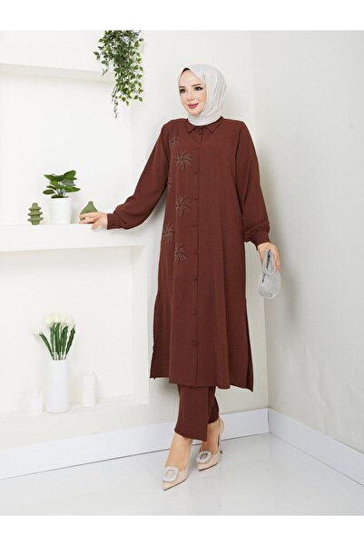 asyadabutik طقم مكون من قطعتين من Aerobin مقاس كبير - تونيك وقميص مزين بالترت...